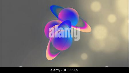 Floating cluster of four gradient spheres drifting in studio, with torus rings and bokeh spots Stock Photo