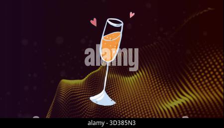 Floating champagne flute in digital illustration with pink hearts and yellow dotted wave field Stock Photo
