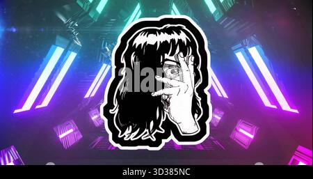 Overlaying monochrome cartoon head hiding face on neon-lit corridor, with floating geometric cubes Stock Photo