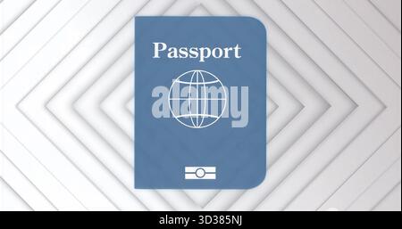 Featuring blue passport graphic centered in abstract design, with globe symbol and biometric mark Stock Photo