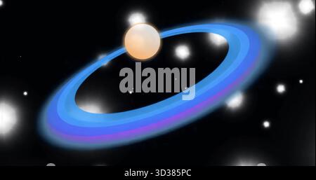 Displaying ringed planet rotating in deep space, with glowing ring and bright star points Stock Photo