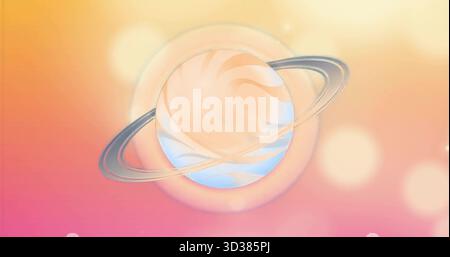 Displaying pastel planet swirling vivid patterns in abstract cosmic scene, metallic rings orbiting Stock Photo