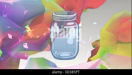 Floating stylized glass jar icon in low-poly digital scene, with translucent triangular fragments Stock Photo