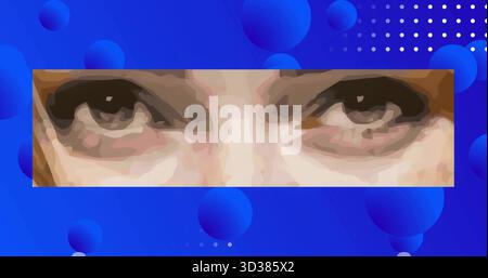 Featuring pixelated human eyes floating in gradient interface, with blue orbs and dotted grid Stock Photo