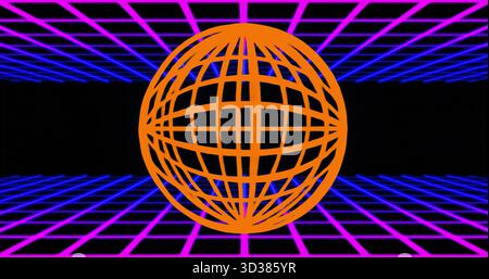 Floating large orange wireframe sphere rotating in virtual 3D environment, with neon grid lines Stock Photo