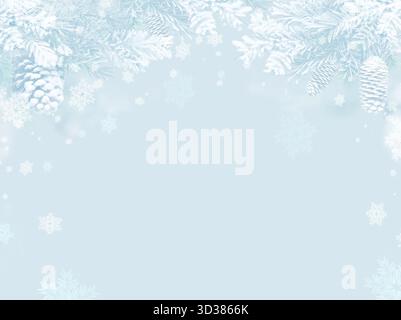 Snowy Pine Frame with Light Blue Winter Background Stock Photo