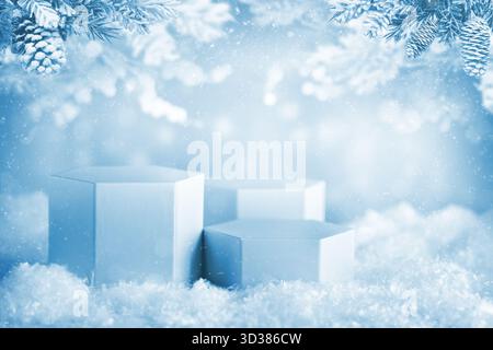 Hexagon white podiums in snowy scenery under frosted pine branches, ideal for product displays or seasonal advertising. Stock Photo
