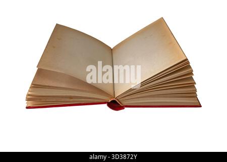 A vintage open book with aged blank pages isolated on a white background. Antique paper texture with worn edges and stains. Perfect for education, lit Stock Photo