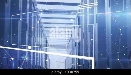 Revealing data center corridor displaying server racks under abstract network node graphics Stock Photo