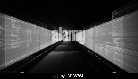 Displaying data tunnel converging on bright center, translucent panels streaming code, light beams Stock Photo