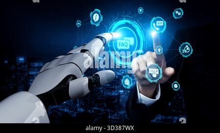 Artificial intelligence assists online help and FAQ services, answering questions, guiding customers, and improving support efficiency through smart Stock Photo