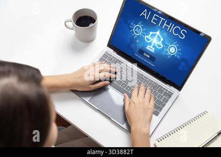 AI ethics responsibility standard law and rules on computer screen provide report of AI ethic transparency preventing technology crime. brisk Stock Photo