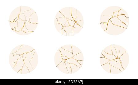 Golden cracks effect circles in japanese kintsugi set mosaic style. Luxury marble stone. Broken porcelain gold fissures. Marble texture. Luxury design for wedding card, social media. Vector illustration Stock Vector