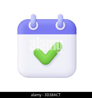 Purple and white calendar with green check mark. Business, productivity, organization, schedule, event reminder, task completion, successful planning Stock Vector