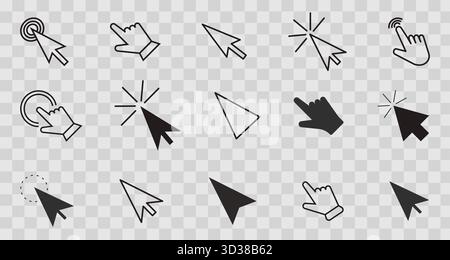 Cursor arrow pointer, click here mouse load symbol. Pointer cursor and loading icon. Cursors icons click set. Touch screen symbol, pointer sign and symbol. Vector illustration Stock Vector