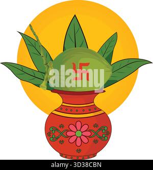 Indian Traditional Kalash with Coconut and Swastik Symbol Stock Vector