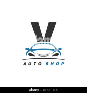 letter V logo auto mechanic with car design. Alphabet V automotive car style icon Stock Vector