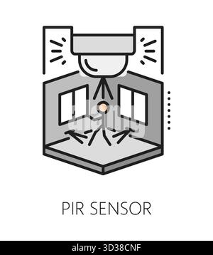 Home security PIR sensor color line icon or label. House protection technology thin line vector icon, home alarm service lineart sign. Safety company symbol with movement detection infrared sensor Stock Vector