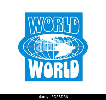 Earth world globe Y2K groovy sticker or tag. Planet groovy vector mesh sphere sticker, world Y2K terrestrial sphere tag. Earth globus patch with white typography on blue background Stock Vector