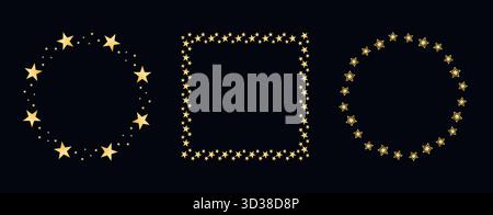 Starry, shining golden frames for holiday designs. Round rims and square shapes. Blank metallic gold borders, vector elements Stock Vector