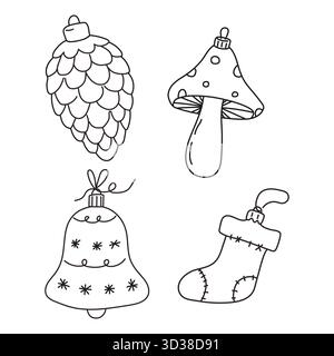 Four decorative holiday items are illustrated in simple outlines. The collection includes a pine cone, mushroom, bell, and a stocking, all designed fo Stock Vector