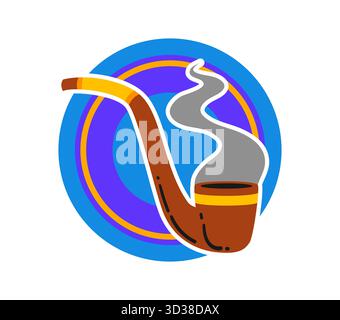 Pirate smoking pipe vintage Y2K sticker or tag. Pirate sailing tag, piracy and nautical Y2K vector patch. Corsair marine vintage sticker or label with smoking pipe and tobacco smoke Stock Vector
