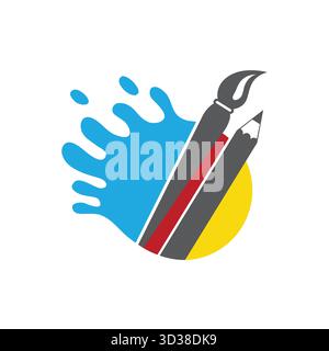 creative blue splash brush and pencil logo vector design Stock Vector
