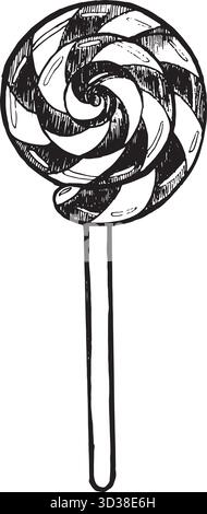 Vector illustration of a Christmas lollipop. Hand-drawn black and white graphic featuring the festive candy. Suitable for holiday designs, packaging Stock Vector