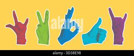 Set of female hands, retro halftone effect. Woman's hand with positive gestures in pop art style. Bright modern elements for collaging, vector graphic Stock Vector