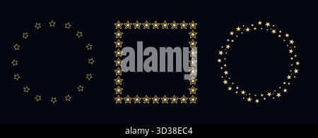Set of golden frames for holiday designs. Square and round blank shapes made of golden stars. Vector graphics Stock Vector