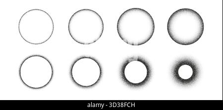 Set of circular stipple shapes, gradient dots, and noise texture. Geometric halftone pattern with sand grain effect. Grunge vector design, dust spray Stock Vector