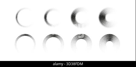 Stipple circle set with gradient grain texture and halftone pattern. Abstract dotwork spheres and spray effect. Vintage grunge design, retro geometric Stock Vector