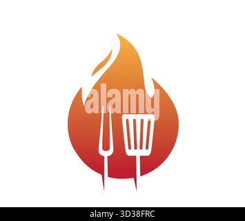 creative fire flame and cooking equipement spatula and fork logo vector symbol design icon illustration Stock Vector