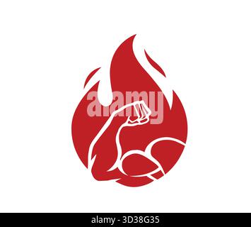 creative bicep muscle and fire flame logo vector icon symbol Stock Vector