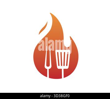 creative fire flame and cooking equipement spatula and fork logo vector symbol design icon illustration Stock Vector