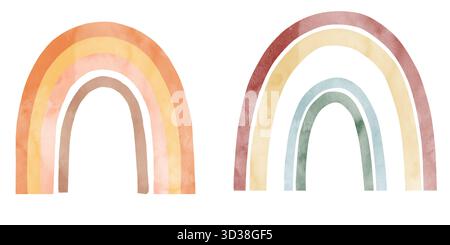 Autumn rainbow with delicate red and yellow stripes. Watercolor digital illustration. A boho rainbow, set of drawings, isolated on white background. F Stock Photo