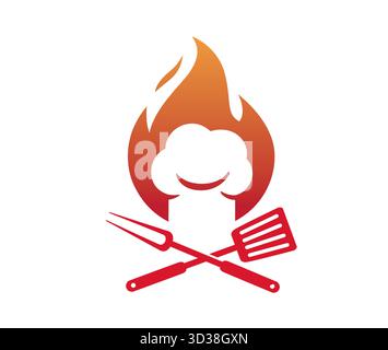 creative chef hat cooking equipement and fire logo vector symbol design icon illustration Stock Vector