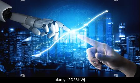 A close-up view of a human hand reaching towards a robotic hand against a futuristic city skyline at night, symbolizing technological advancement and Stock Photo