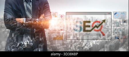 SEO concept for improving SEO visibility, with SEO related digital tools and SEO performance icons shown in an focused layout for strategic marketing Stock Photo