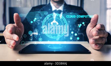 Global cloud computing platform providing services for software development. A worldwide network for data storage, security, and application hosting Stock Photo
