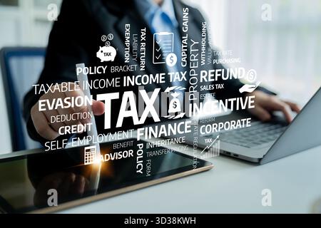 A professional businessman engages in tax and financial discussions using modern digital tools, emphasizing strategic planning and effective Stock Photo