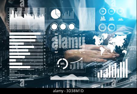 This image features a business analytics dashboard showcasing various data visualizations, charts, and metrics on a digital interface, emphasizing Stock Photo