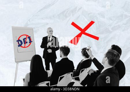 Template sketch collage of dei presentation aged man stand colleagues sit equal rights justice diverse inclusion society human resources Stock Photo