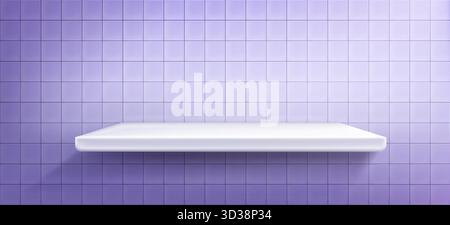 White shelf podium on purple tile wall background for product display in bathroom or kitchen mockups. Clean 3d platform with ceramic square grid pattern, minimalist scene layout for presentations Stock Vector