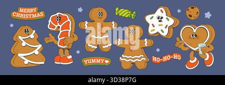 Retro xmas gingerbread cookie character sticker set with groovy cartoon figures. Festive baked treats - tree shape, classic man and woman, heart shape holding milk, candy cane and seasonal labels. Stock Vector