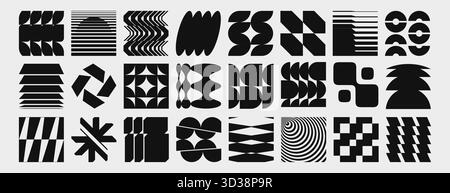 Brutalist y2k shape collection with abstract geometric elements in black and white. Vector set of circles and zigzags, stripes and spirals, wavy lines and brutalism inspired forms for modern design. Stock Vector