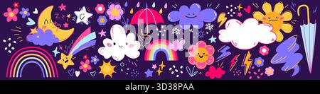 Weather cute kid cartoon set - cloud, sun and rainbow characters, smiling icons of flowers, umbrella and rain droplets, stars on dark purple. Playful kawaii stickers for children educational design. Stock Vector