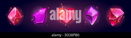 Game crystal gem set with magic diamond and jewel stone collection. Glowing gemstone shapes - heart, polygon cuts in pink, purple and red with sparkle effect for fantasy ui assets or treasure reward. Stock Vector