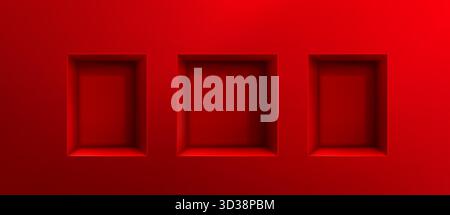 Red 3d niche shelf boxes with empty square frame hole in wall background. Three architectural room alcoves for exhibition display. Interior design and modern product presentation or promotional mockup Stock Vector