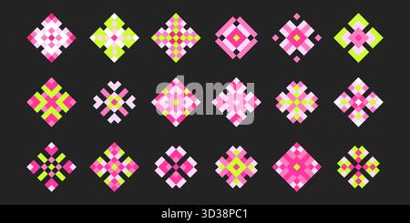 Pixel flower y2k art collection with game icons in 8 bit style. Diamond shaped pattern set of plant blossoms in pink square mosaic design for retro gaming aesthetics or nostalgic digital projects. Stock Vector
